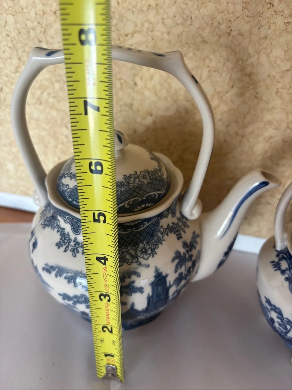 Vintage Blue and White Porcelain Teapot with Handle